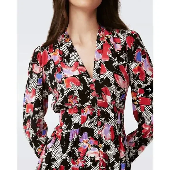 Diane Von Furstenberg Erica Midi Shirt Dress Women's 10 Floral Designer DVF - Picture 2 of 13